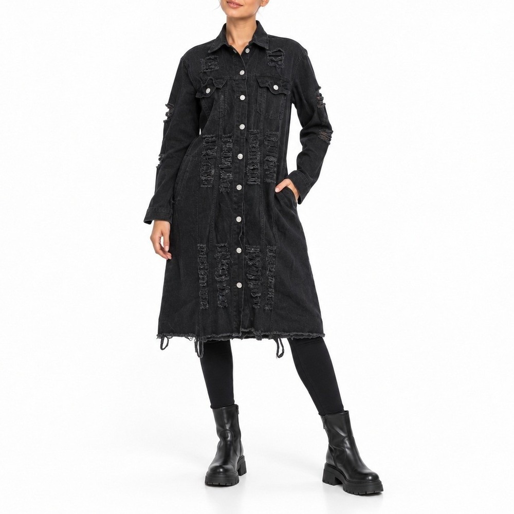 Thrill Jeans Jacket Women S Black Distressed Duster Ripped Denim Edgy Streetwear